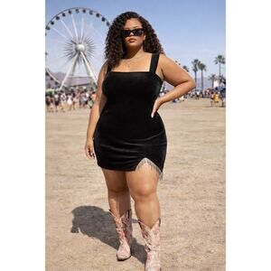 CIDER Black Velvet Fringe Mini Dress – Y2K Festival Party – Size 2XL